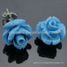 10 мм синтетические коралловые резные синие розы цветок серьги стержня EF-008
